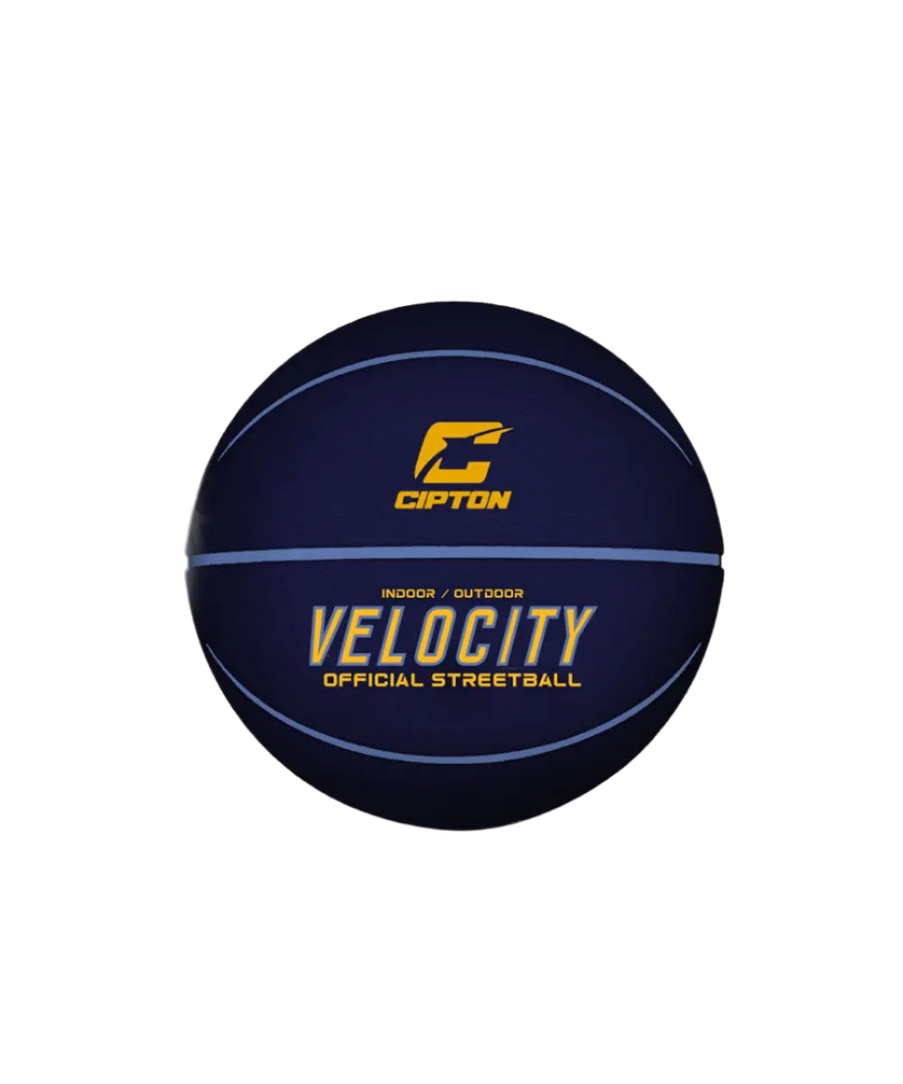 Take a look at this awesome basketball! It's the Cipton Velocity Official Streetball, and it's designed with the word "Velocity" on a dark blue and light blue background.