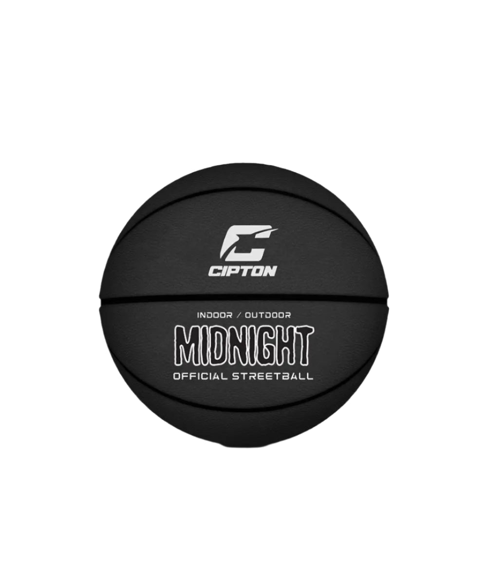 Elevate your basketball skills with the Cipton Midnight Official Streetball Basketball, showcasing the word "midnight" in a bold and striking manner.