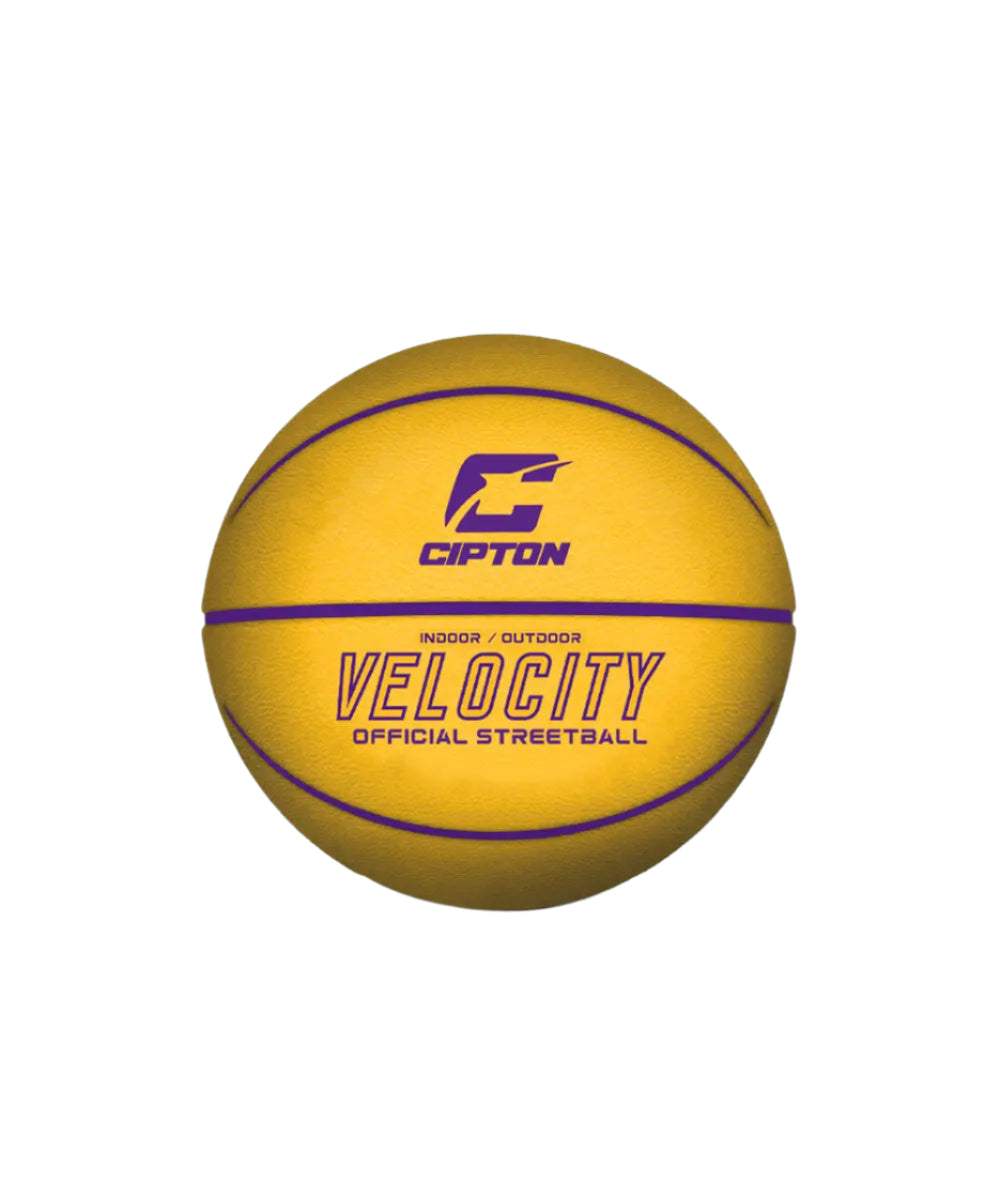 Check out this awesome image of a basketball! It's a yellow and purple ball with the words "Velocity" on it. This is the Cipton Velocity Official Streetball.