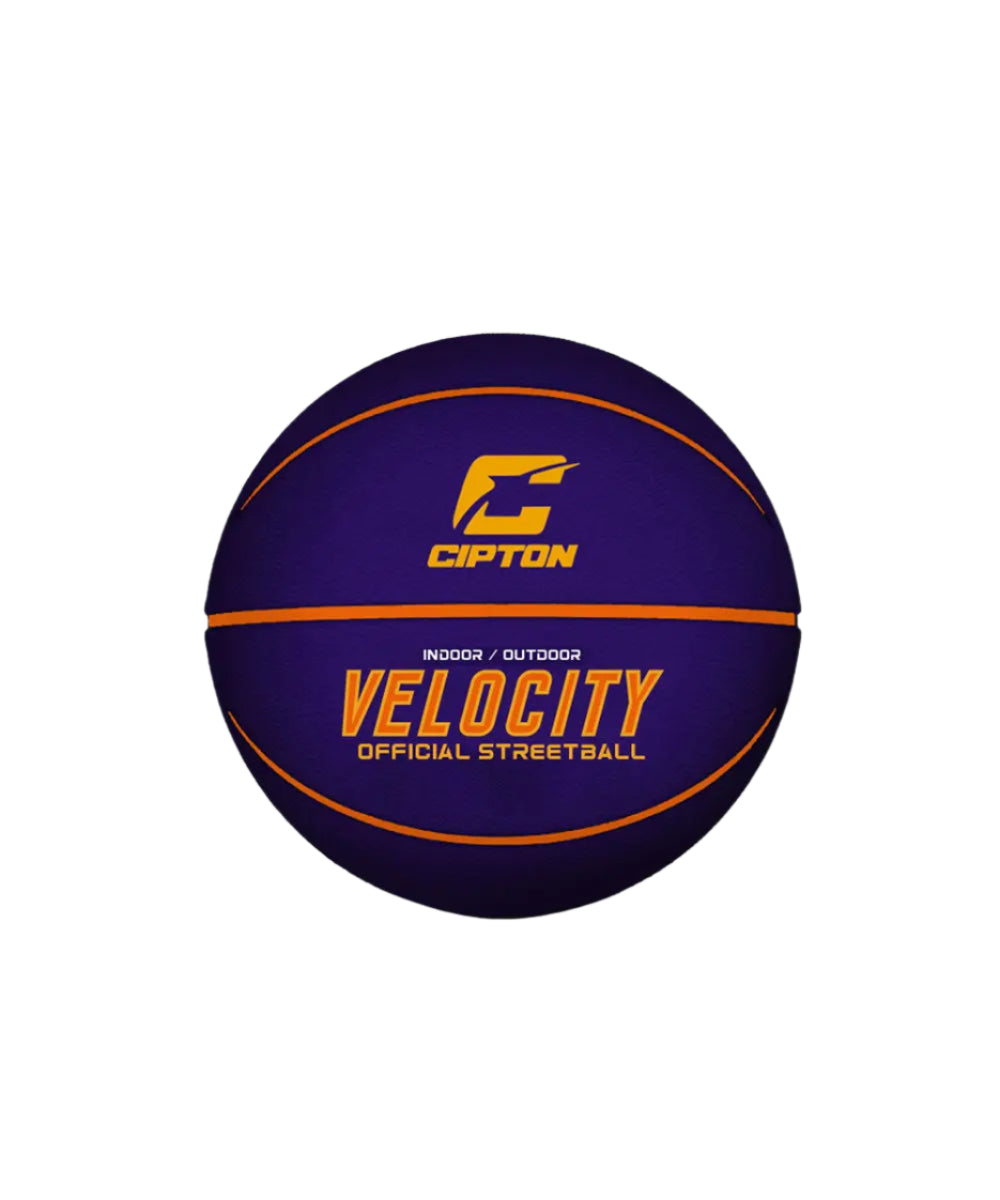 Experience the thrill of the game with the Cipton Official Streetball Basketball! This captivating image captures a basketball adorned in vibrant purple and orange, emblazoned with the words Velocity.