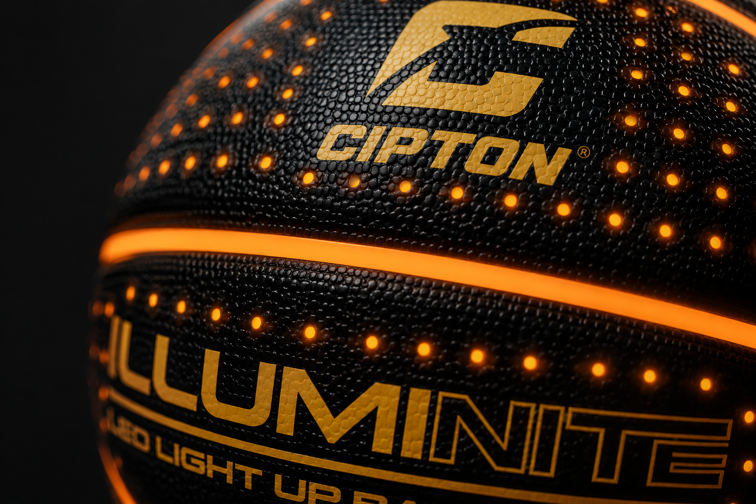 Illuminite wordmark detail on the glowing LED basketball