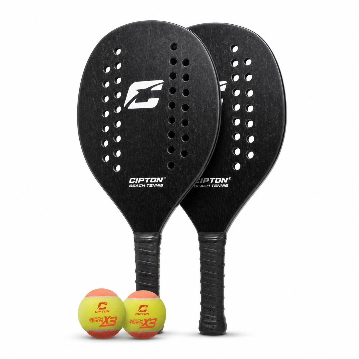 Two black CIPTON beach tennis paddles standing upright with two balls
