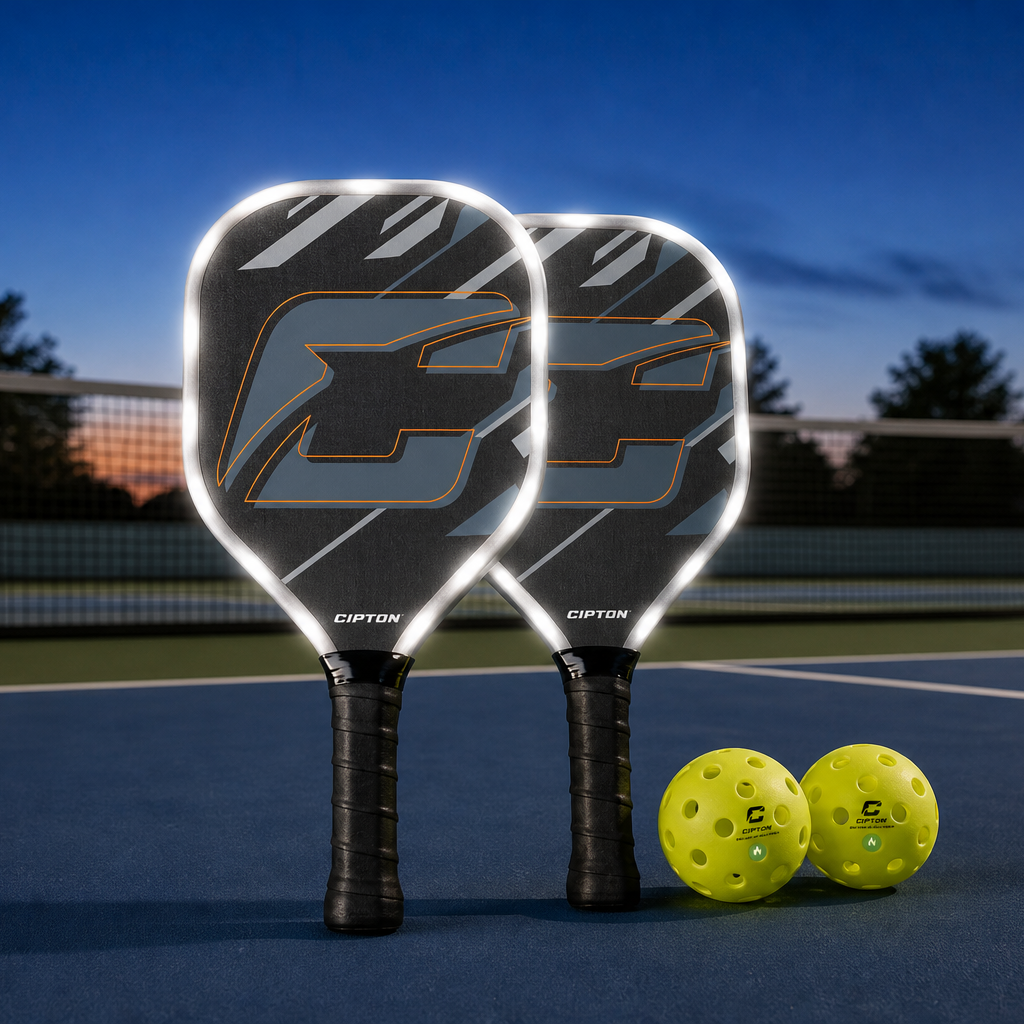 CIPTON LED pickleball paddles glowing on an outdoor court at dusk with two balls