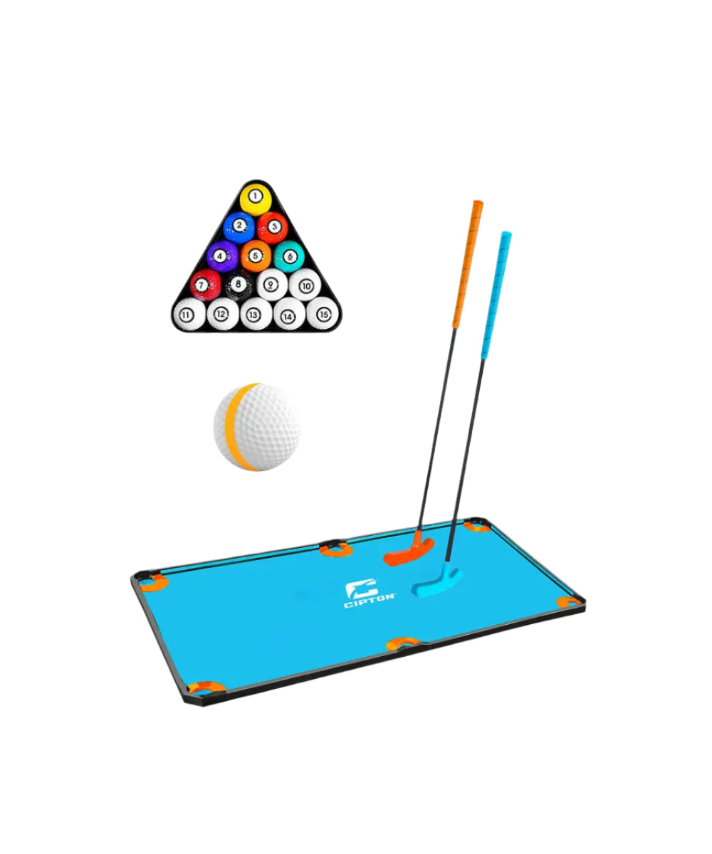 A golf billiard table with a set of balls, and sticks: One of Cipton classic game of precision and strategy.