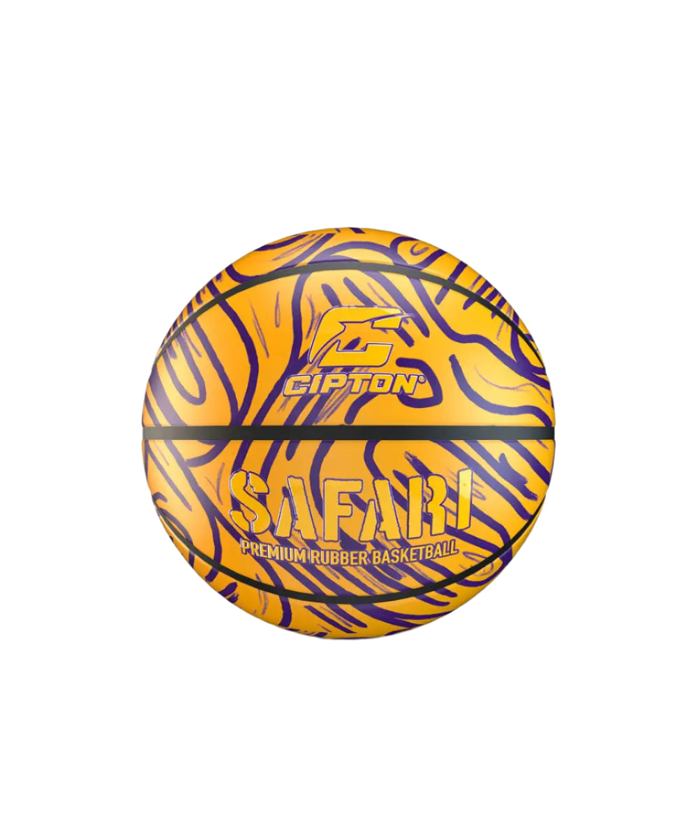 Take your game to the next level with this basketball from Cipton Safari. With its bold yellow and purple design, this premium rubber ball is sure to turn heads on the court.
