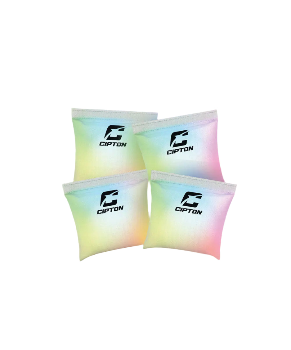 Four colorful Cornhole bags that glows in the night with Cipton logo.