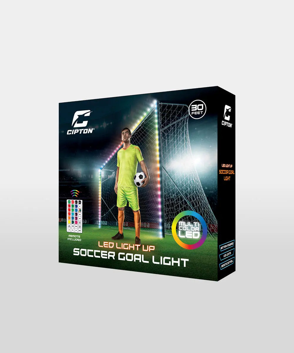 The Cipton LED Soccer Goal Light shines brightly from within the box, illuminating the soccer field with its vibrant glow.