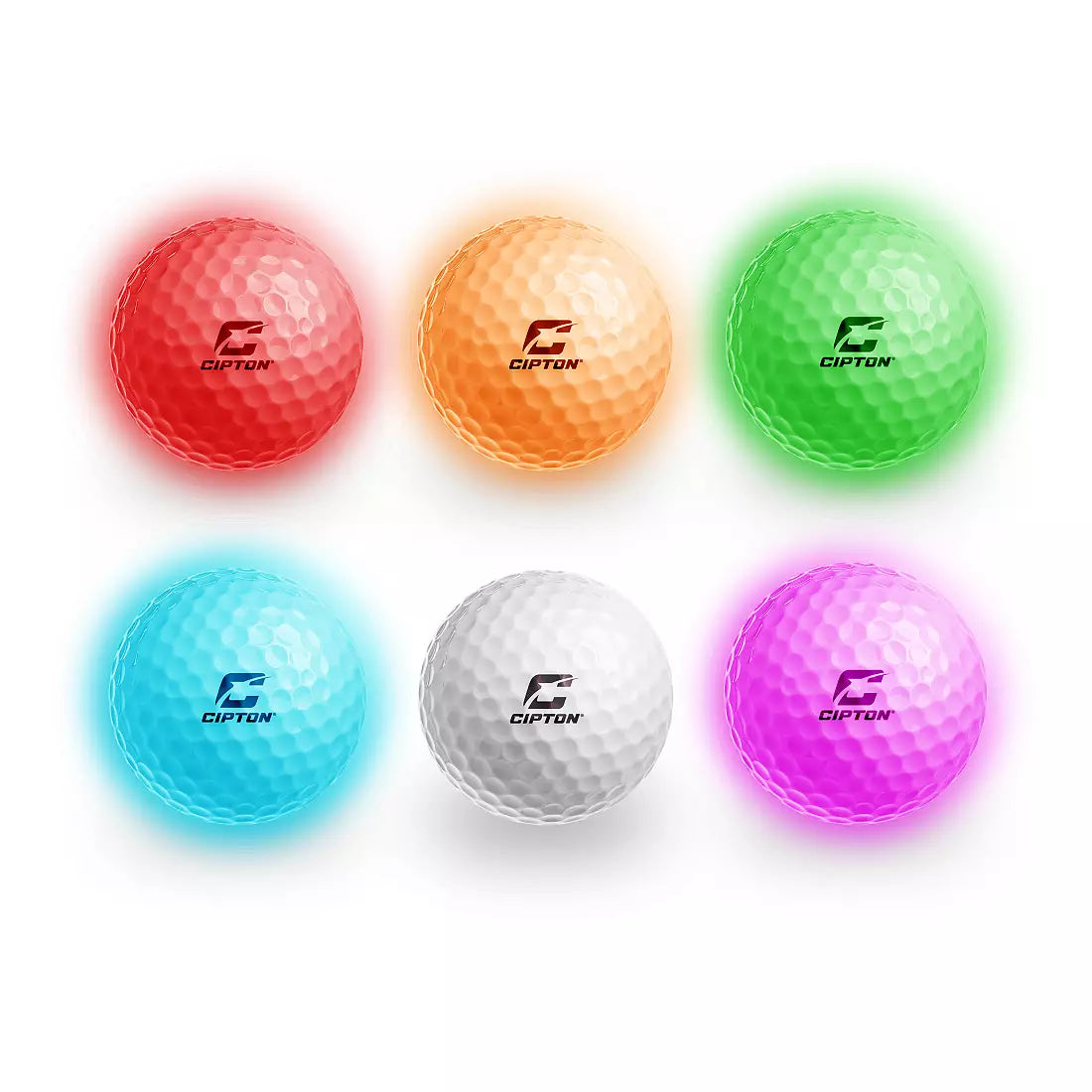 Six CIPTON LED golf balls glowing in red, orange, green, blue, white and pink