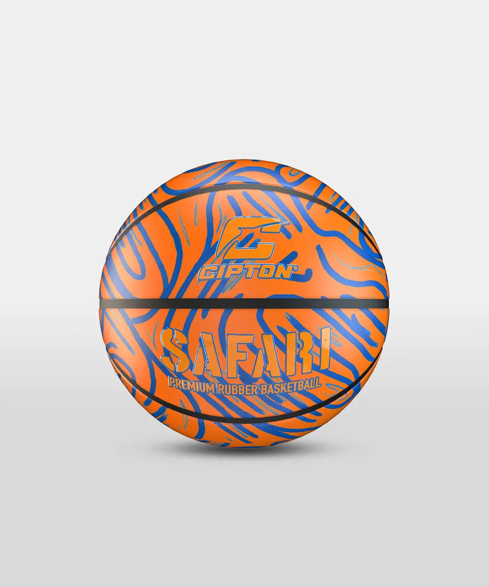 This premium rubber basketball by Cipton Safari boasts a vibrant orange and blue design. Perfect for indoor and outdoor play, this ball is sure to be a slam dunk!