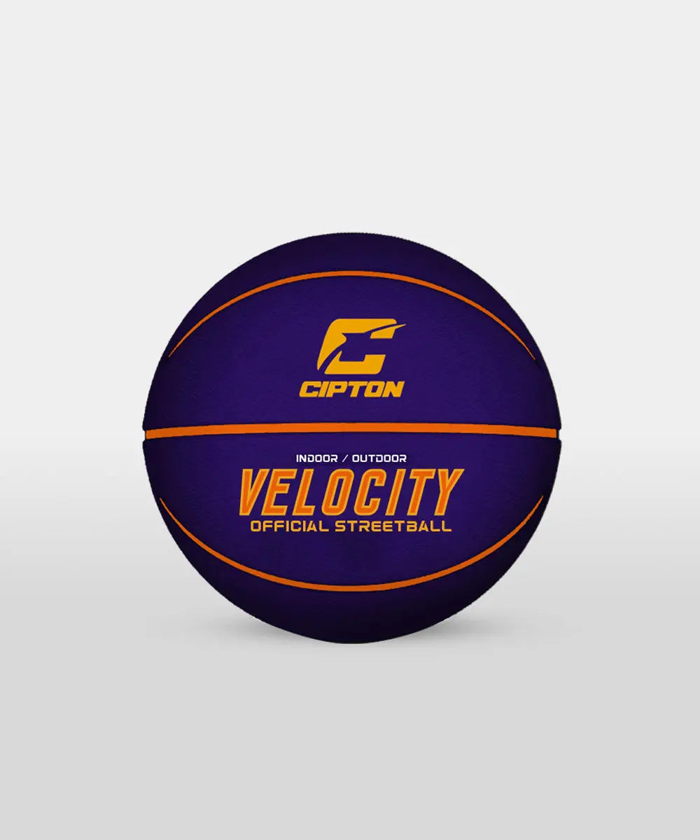 Experience the thrill of the game with the Cipton Official Streetball Basketball! This captivating image captures a basketball adorned in vibrant purple and orange, emblazoned with the words Velocity.