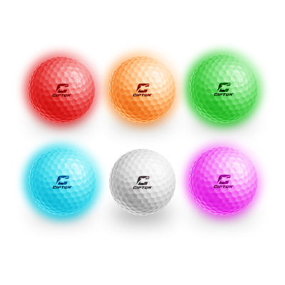 Six CIPTON LED golf balls glowing in red, orange, green, blue, white and pink