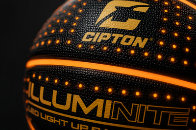 Illuminite wordmark detail on the glowing LED basketball