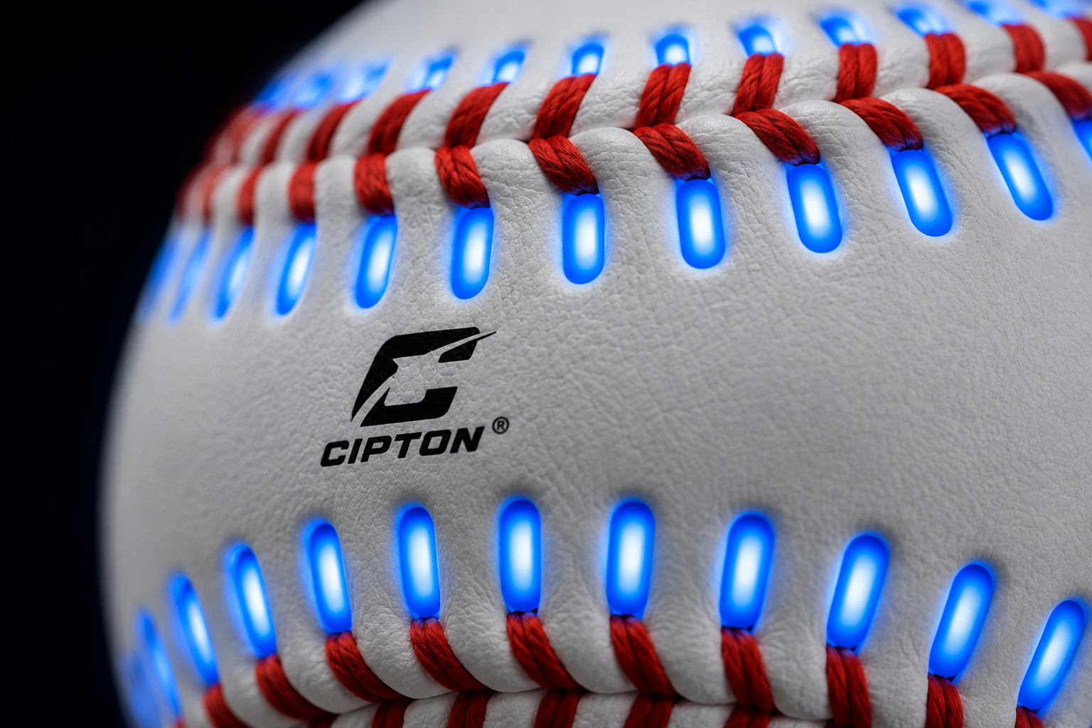 Close-up of the CIPTON LED baseball's red stitching and blue LED seam lights
