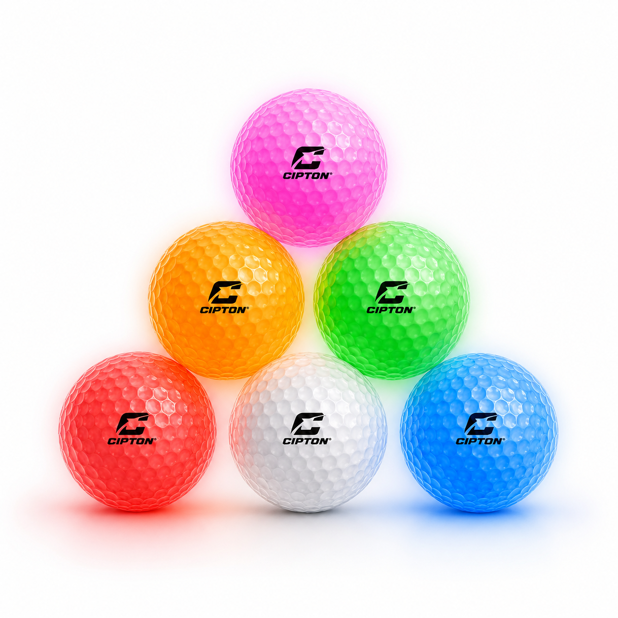 Six CIPTON LED golf balls glowing, stacked in a pyramid