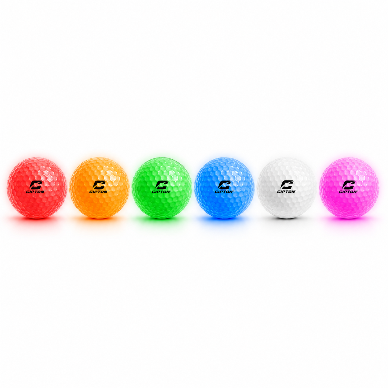 Six CIPTON LED golf balls glowing in a row