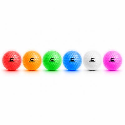 Six CIPTON LED golf balls glowing in a row