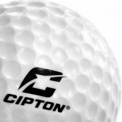 Close-up of the CIPTON logo on a dimpled LED golf ball