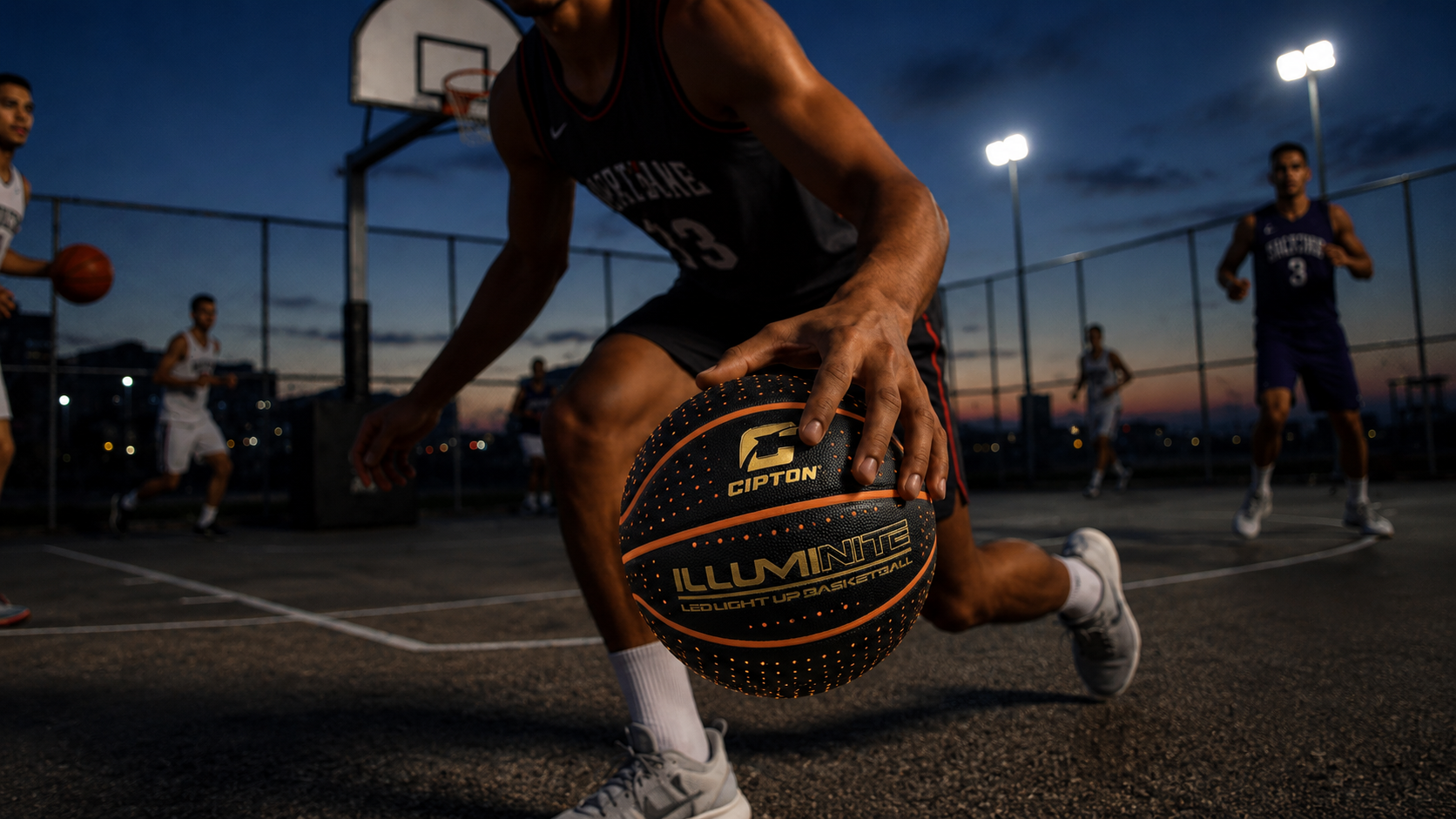 Night game with the CIPTON Illuminite LED basketball on an outdoor court