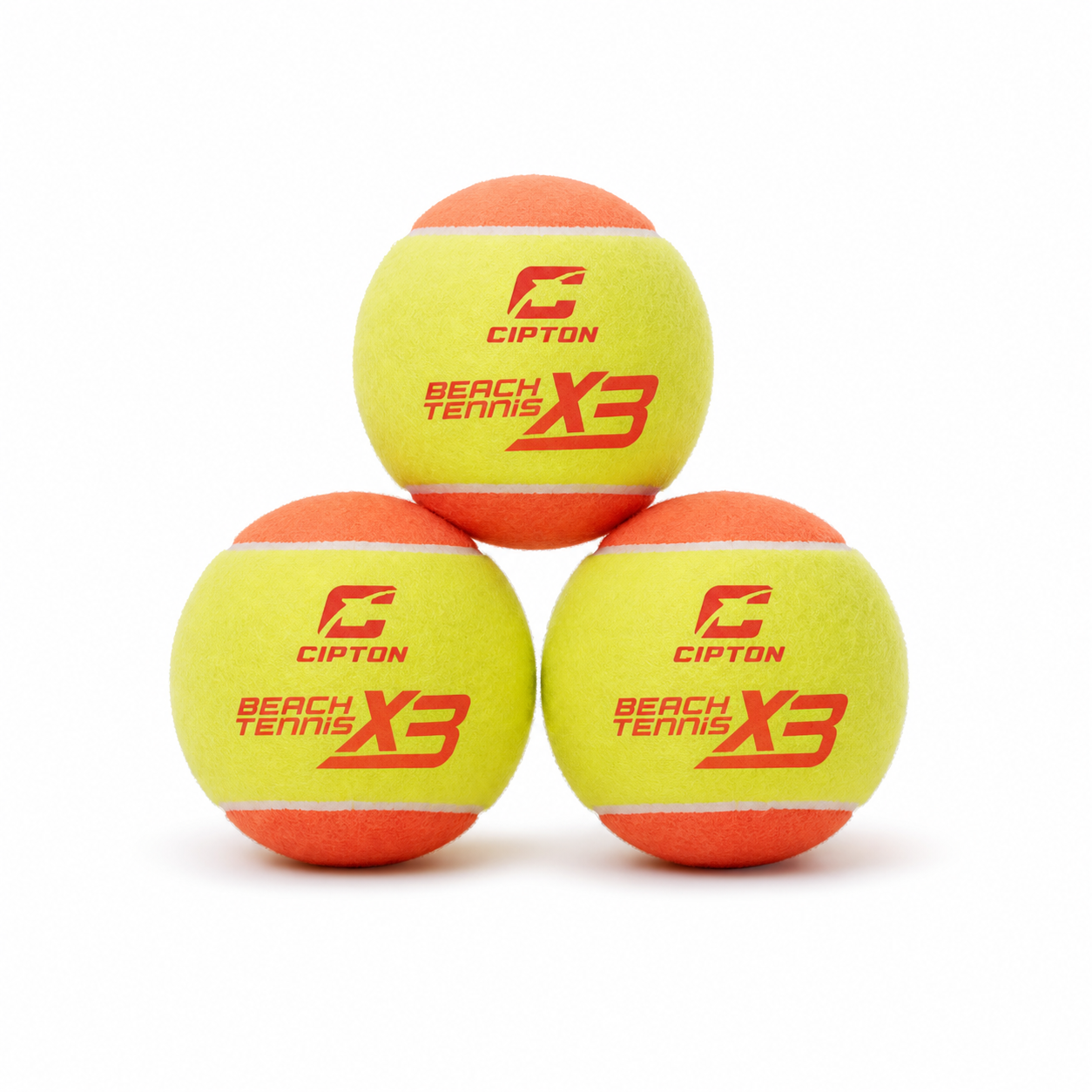 Three CIPTON Beach Tennis X3 balls in orange and yellow