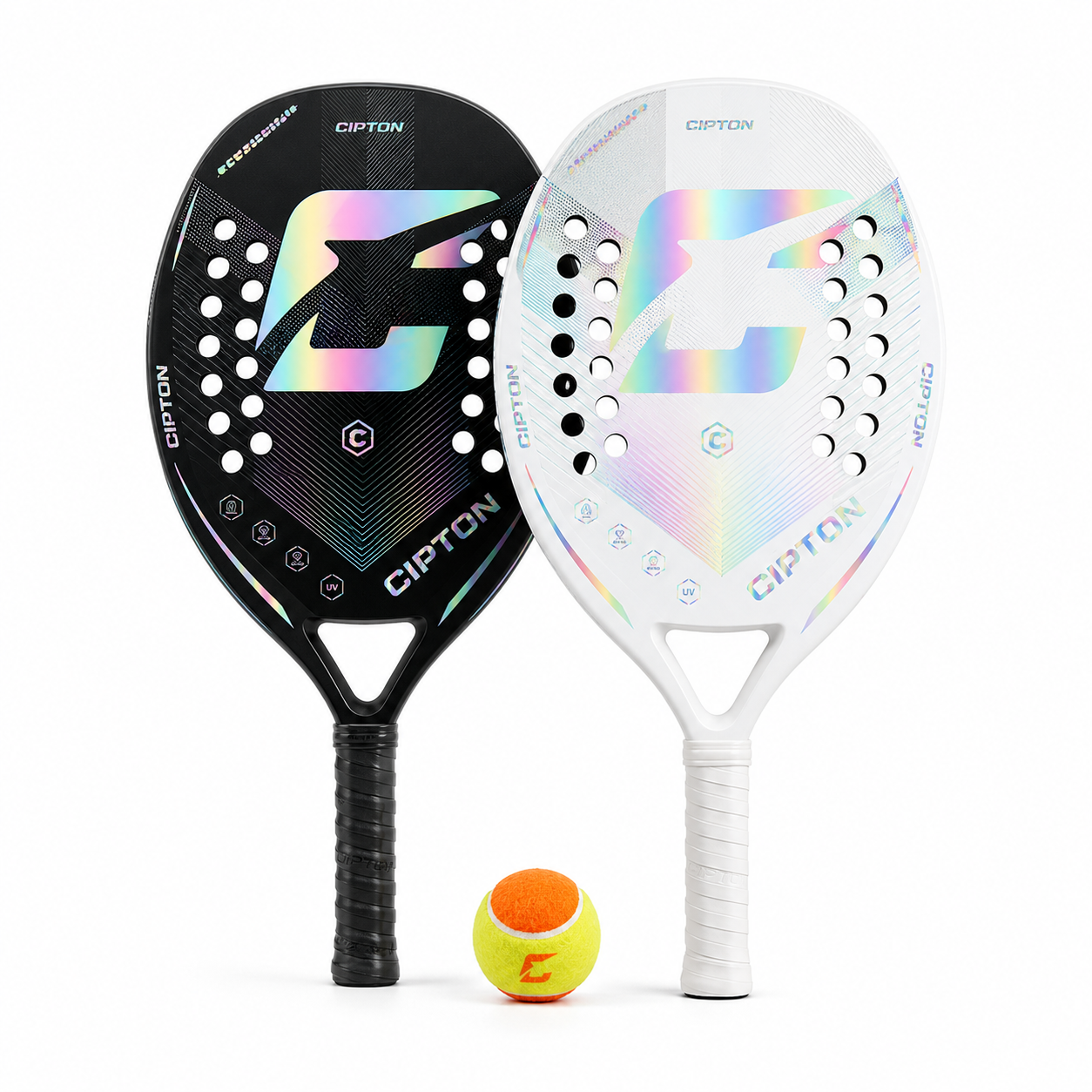 CIPTON beach tennis rackets in black and white with a ball, front view
