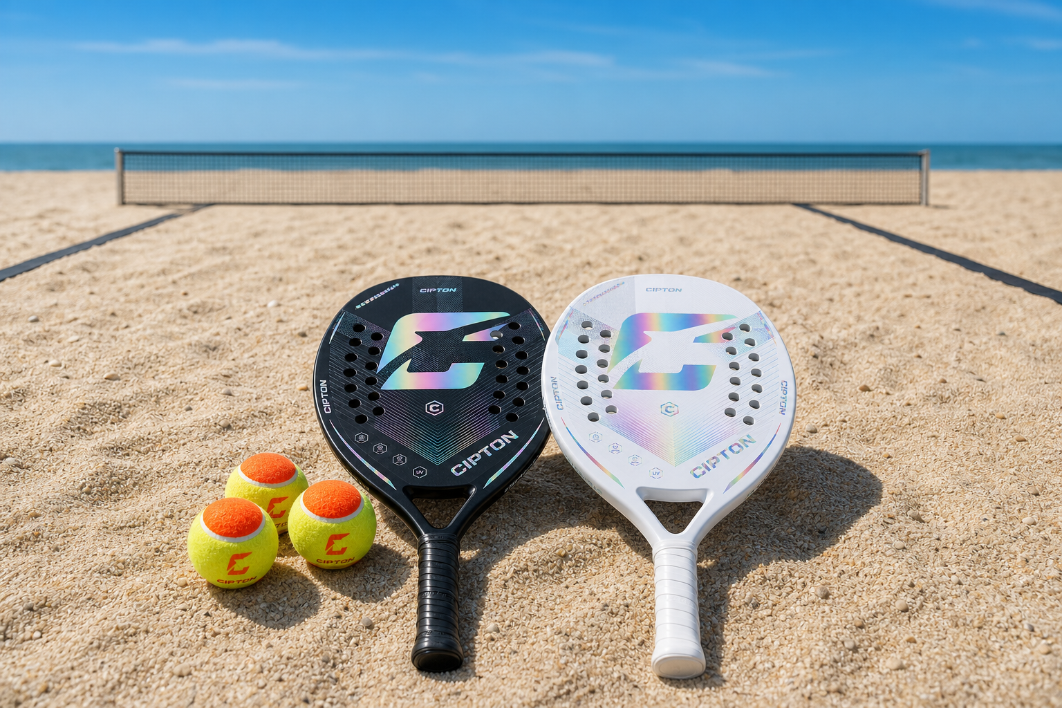 CIPTON beach tennis rackets and balls on the sand with a net and the ocean behind