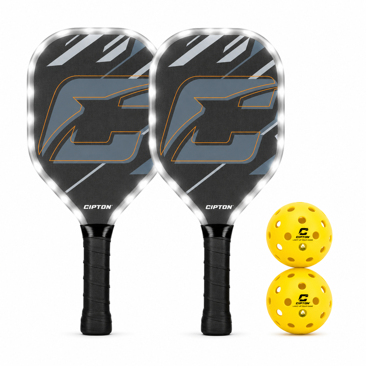 Pair of CIPTON LED pickleball paddles with two yellow balls, front view