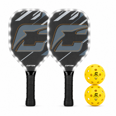Pair of CIPTON LED pickleball paddles with two yellow balls, front view
