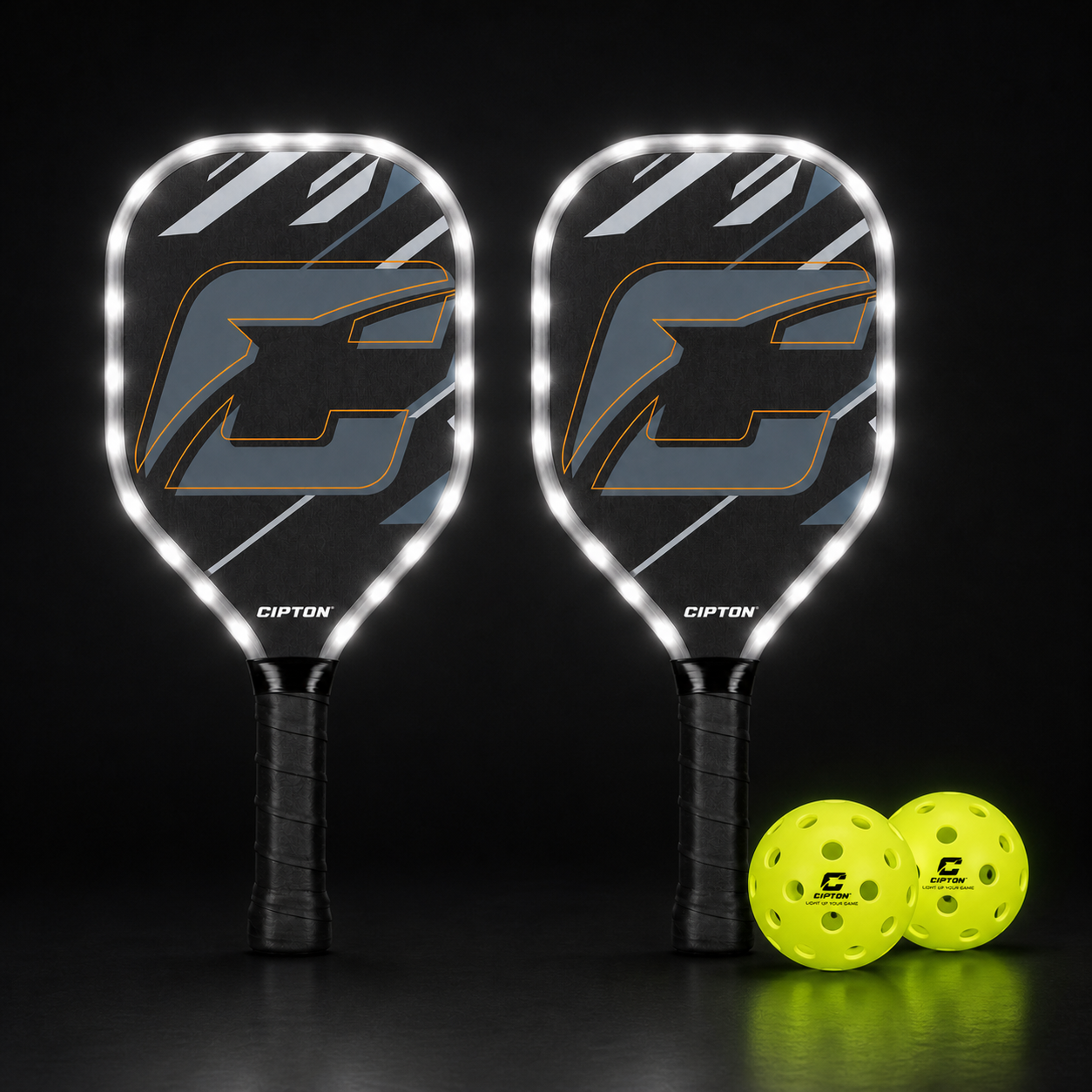 CIPTON LED pickleball paddles glowing white along the edges in the dark