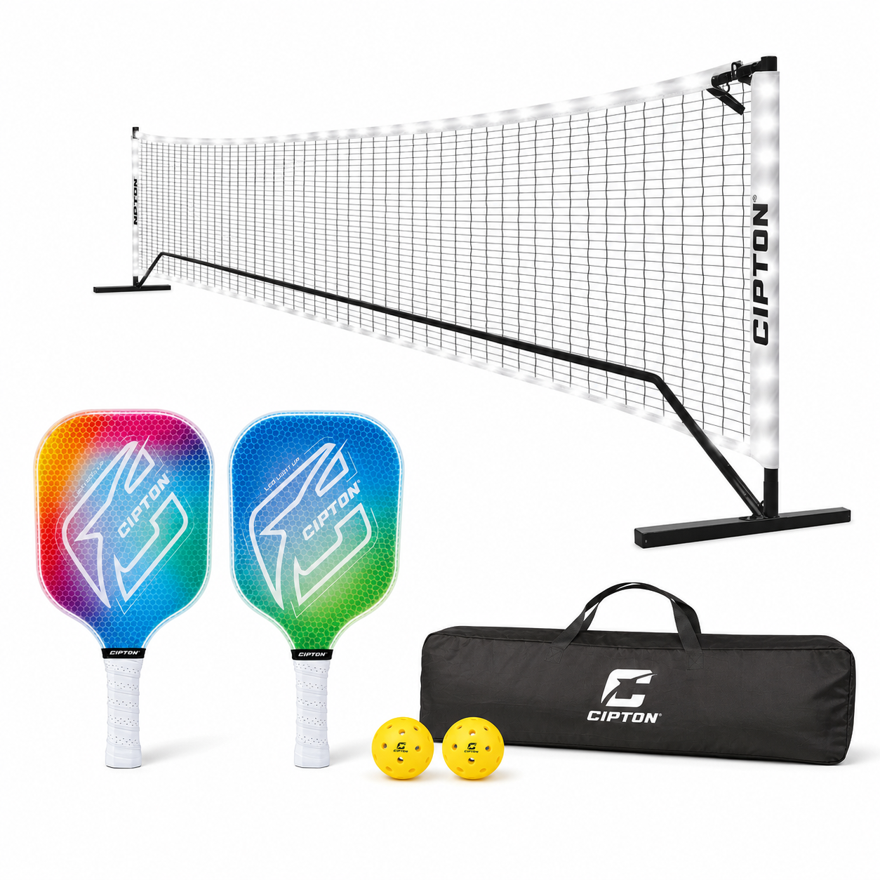CIPTON LED Pickleball Net Set with glowing net, two paddles, two balls and carry bag
