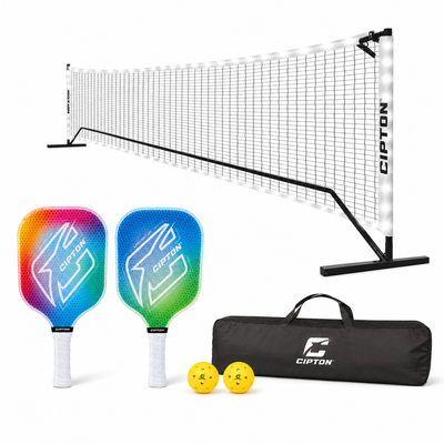 CIPTON LED Pickleball Net Set with glowing net, two paddles, two balls and carry bag