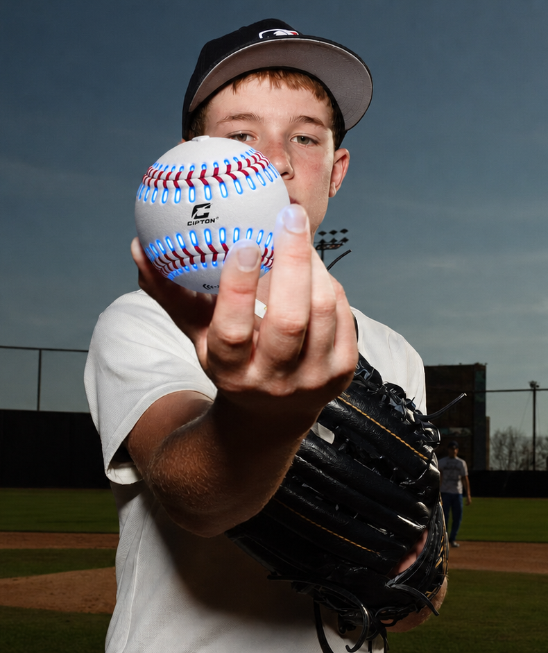 Young player in a cap holding out a CIPTON LED baseball with glowing blue seams on a ballfield