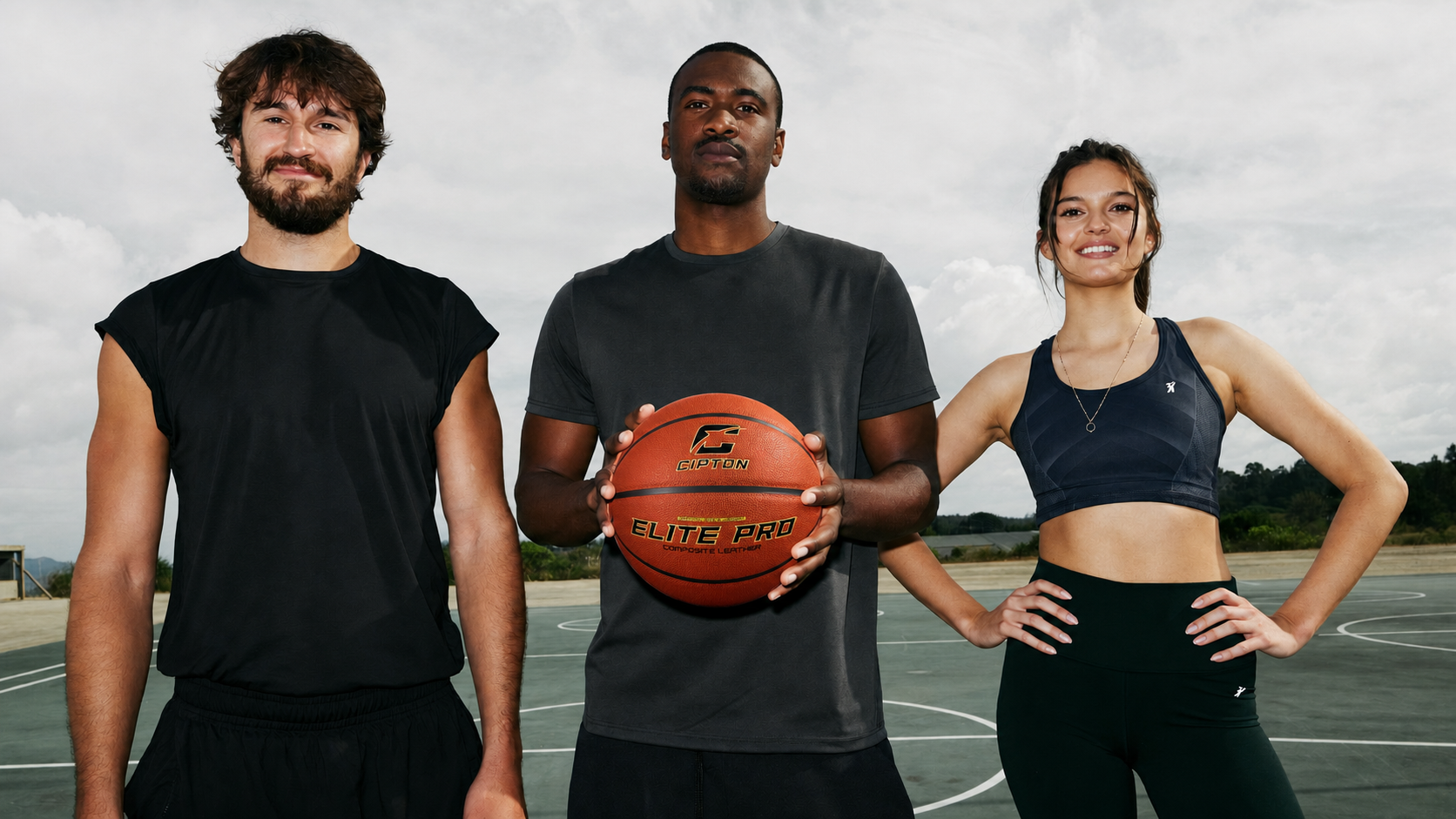 Three players on an outdoor court, one holding a CIPTON Elite Pro basketball