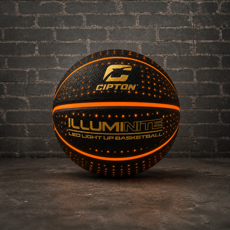 CIPTON Illuminite LED basketball glowing orange against a brick wall