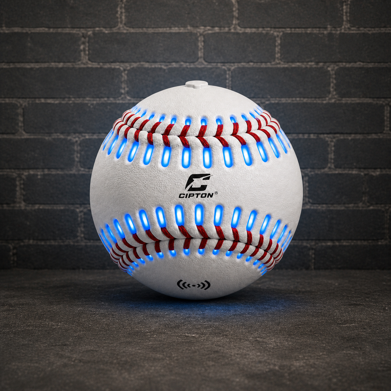 CIPTON LED baseball with glowing blue seams against a brick wall
