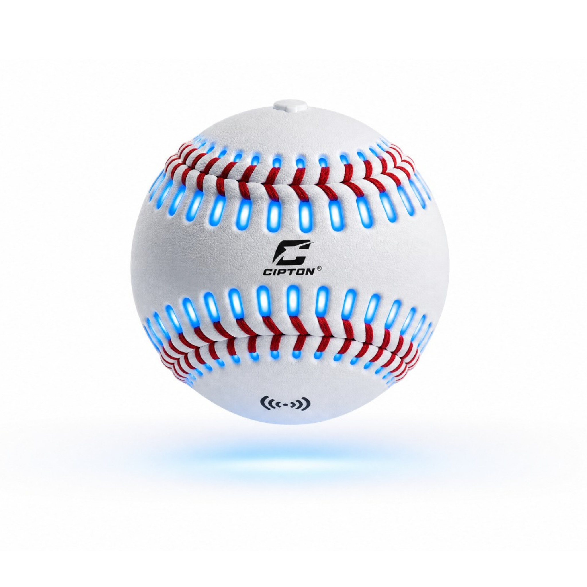CIPTON LED baseball with glowing blue LED seams and wireless charging icon, front view on white