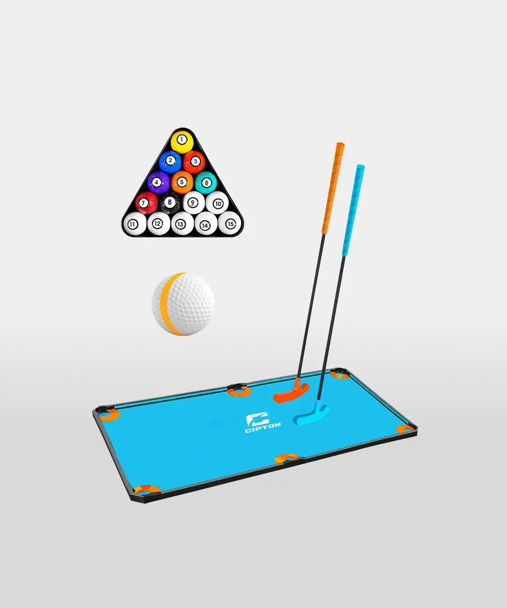 A golf billiard table with a set of balls, and sticks: One of Cipton classic game of precision and strategy.