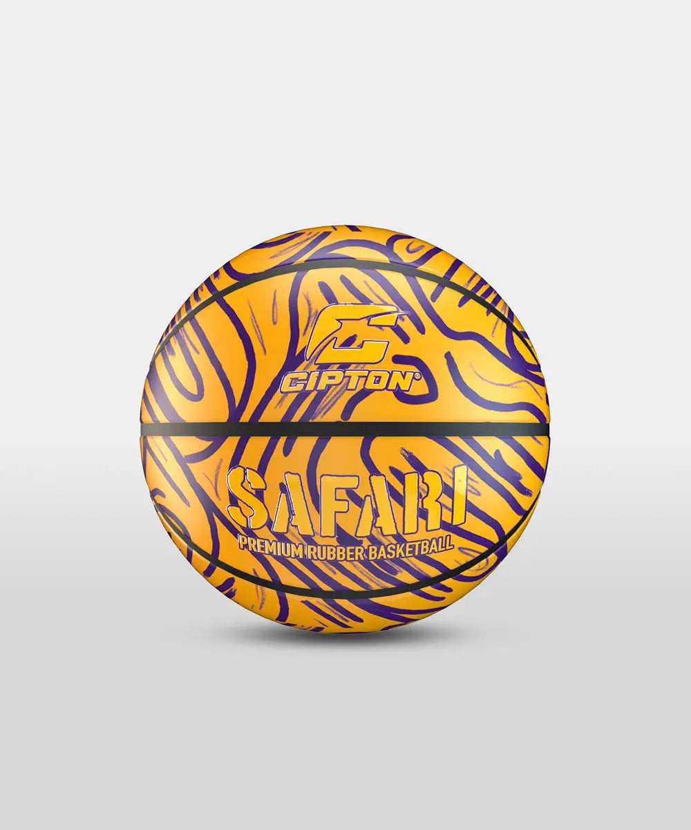 Take your game to the next level with this basketball from Cipton Safari. With its bold yellow and purple design, this premium rubber ball is sure to turn heads on the court.