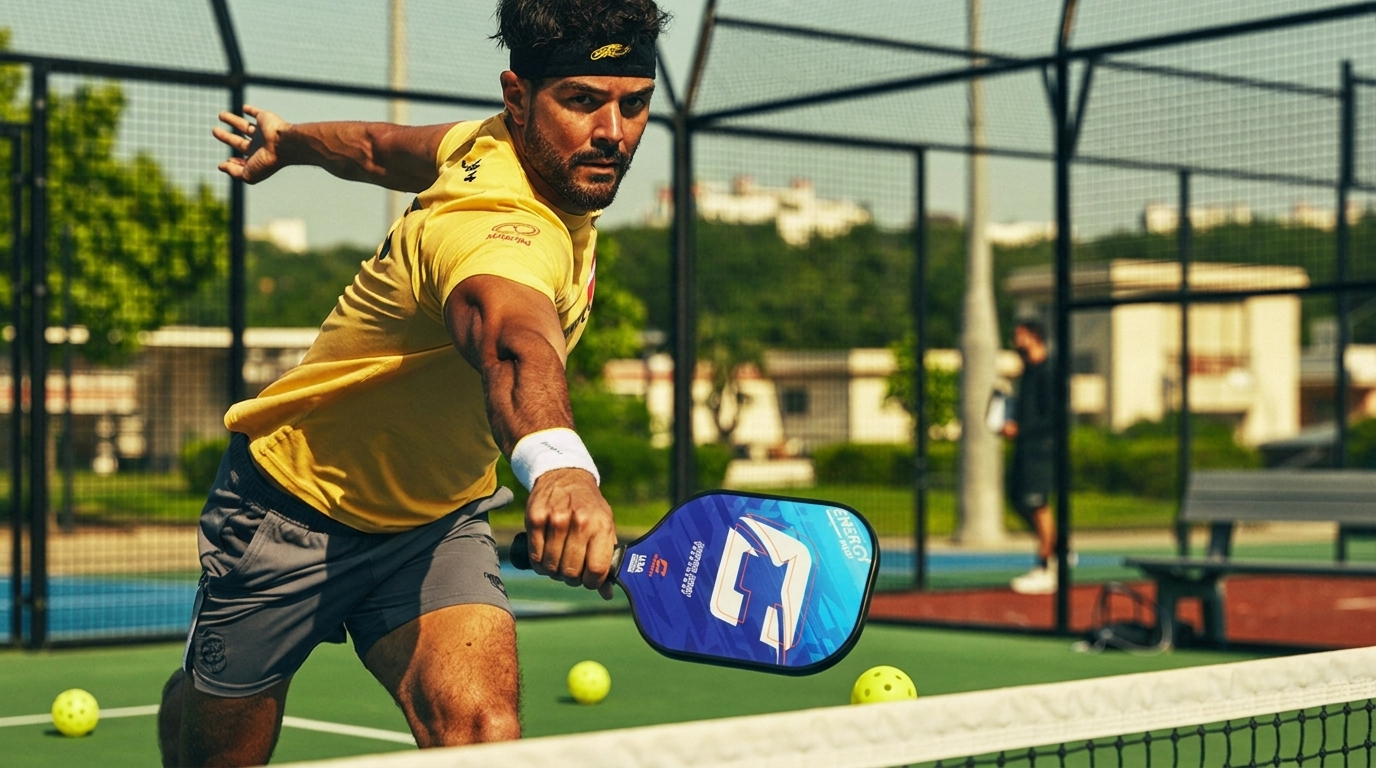 Player lunging for a shot with a blue CIPTON pickleball paddle on an outdoor court