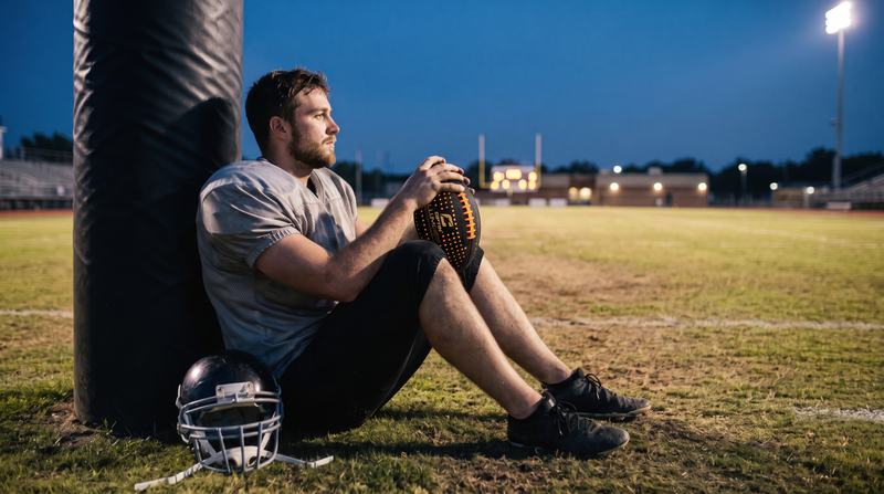 Football player sitting against a tackling dummy holding a CIPTON football at dusk