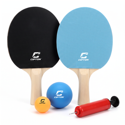 CIPTON Slam Pong Pro paddles, large blue ball, mini orange ball and hand pump on white background